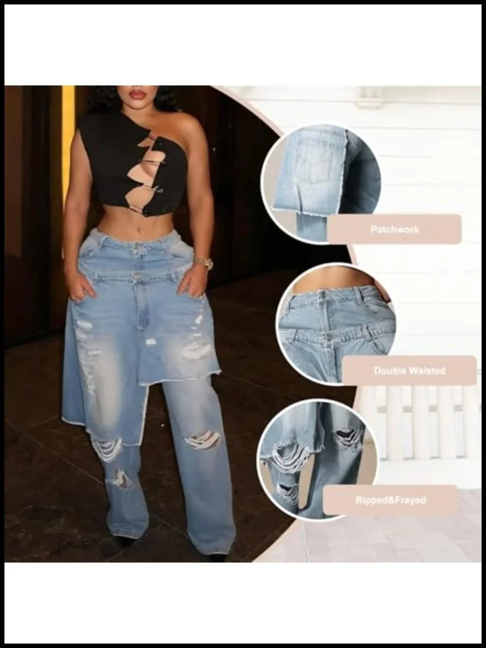 Ripped Patchwork Jeans Straight Wide Leg Asymmetrical Double Waist Baggy Y2k